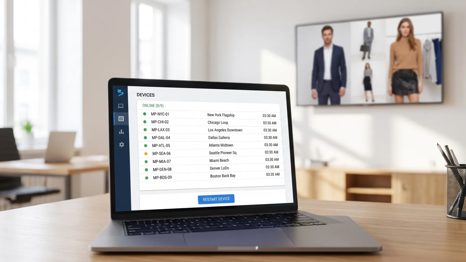 Signage CMS dashboard showing a fleet of Android media players with online status, scheduled reboot times, and a remote restart control