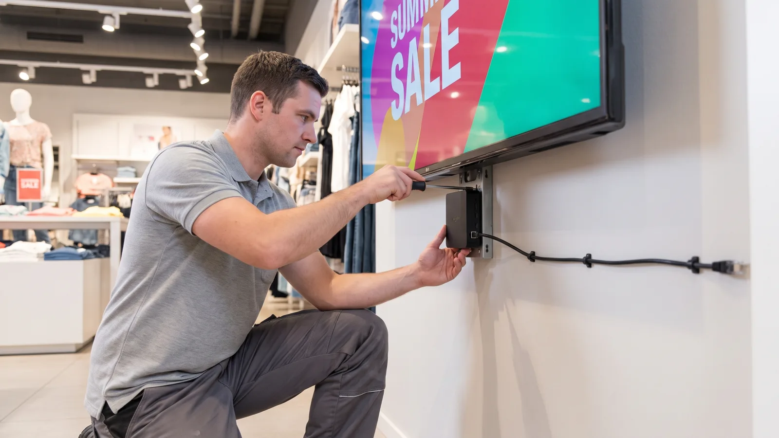 Wall-mounted commercial display in a retail store running promotional content from a compact Android media player mounted behind the panel