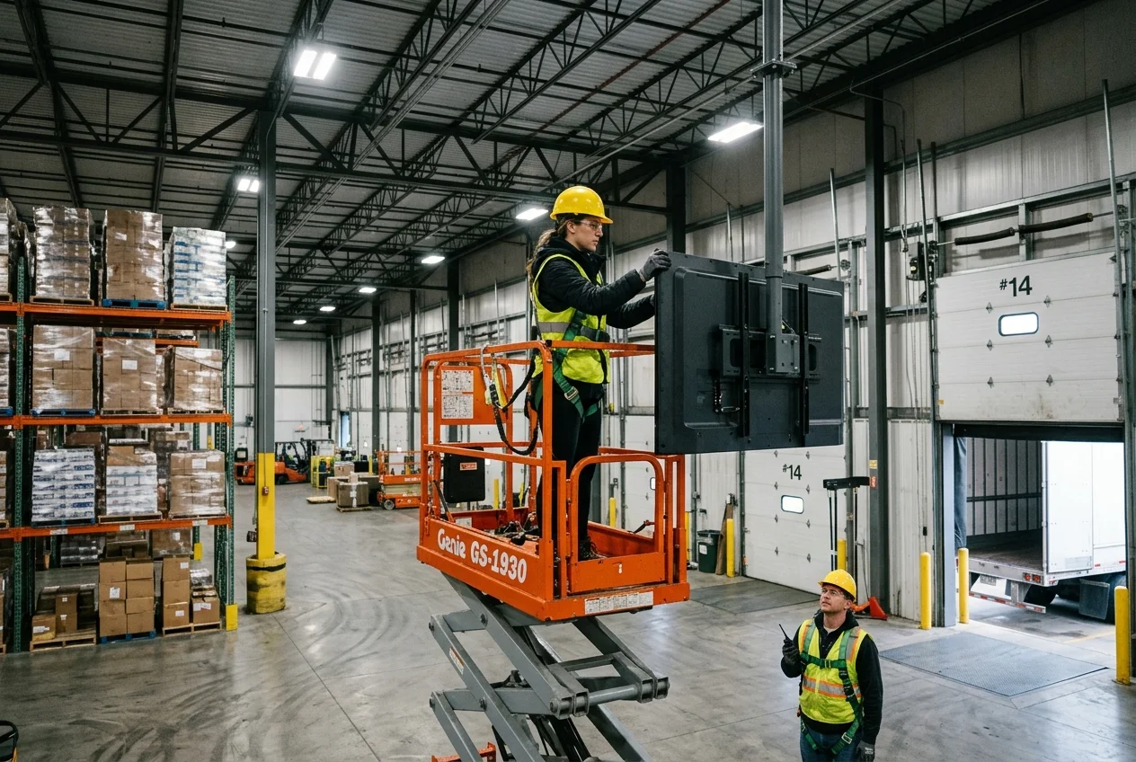 AV technician on a scissor lift installing a display on a ceiling pole mount above a warehouse dock door
