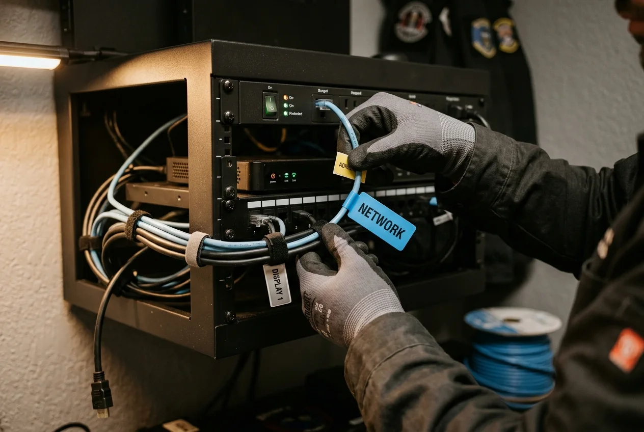 AV installer's gloved hands labeling and dressing network cabling into a small wall-mounted AV rack with a media player
