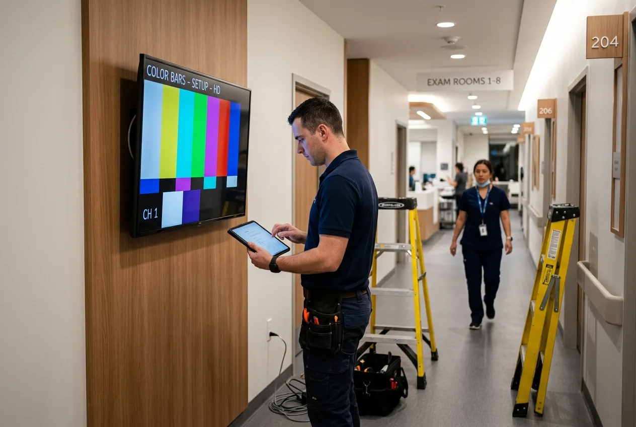 AV technician commissioning a wall-mounted display showing test color bars in a medical clinic corridor