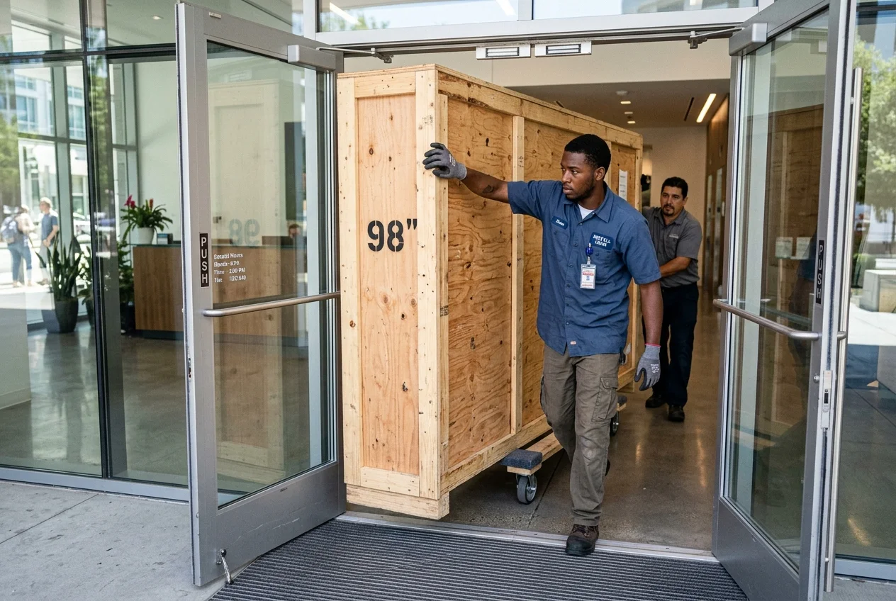 Installers maneuvering a 98-inch TV crate through office double doors on a dolly