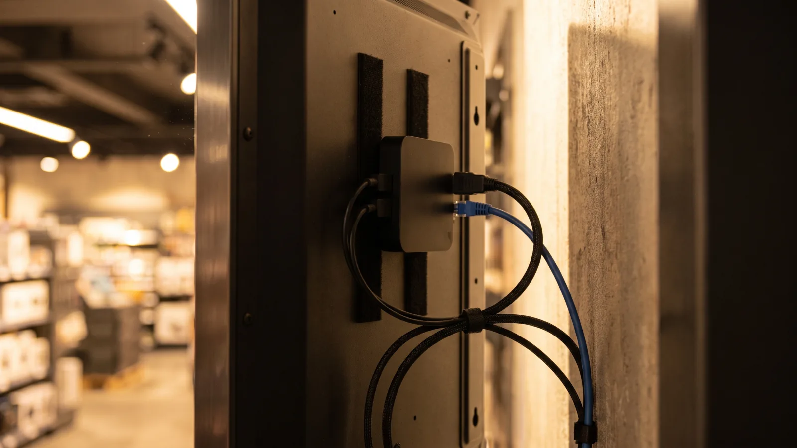 Dedicated digital signage media player mounted behind a commercial display, connected by HDMI and Ethernet