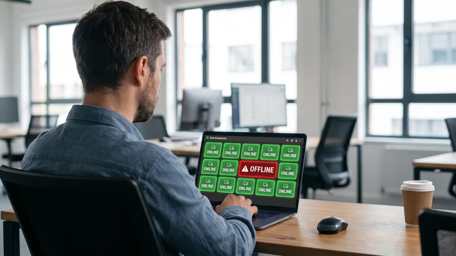 Retail operations manager monitoring a multi-location digital signage fleet dashboard showing screen health across stores