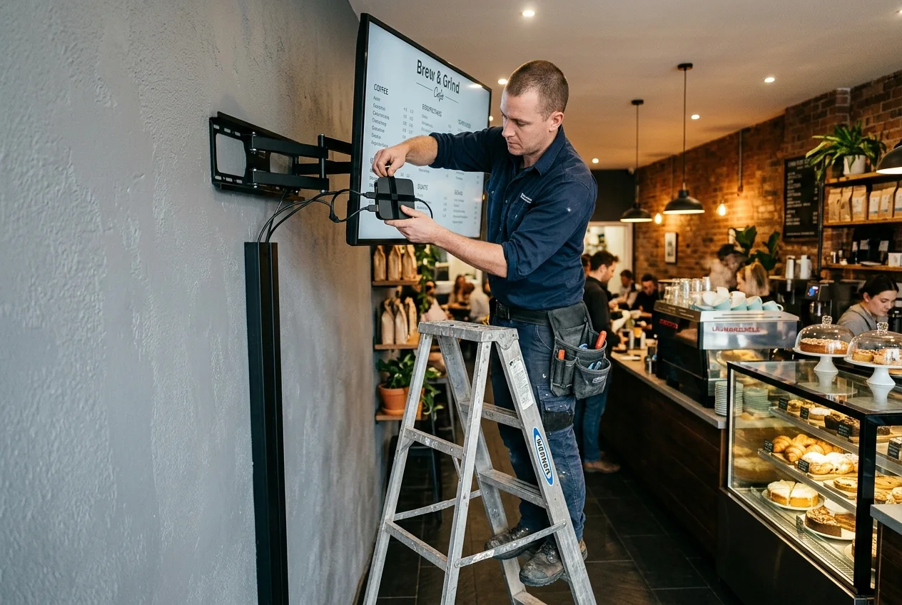 Installer mounting a commercial TV on a wall bracket above an office reception desk while a colleague hands up a cable