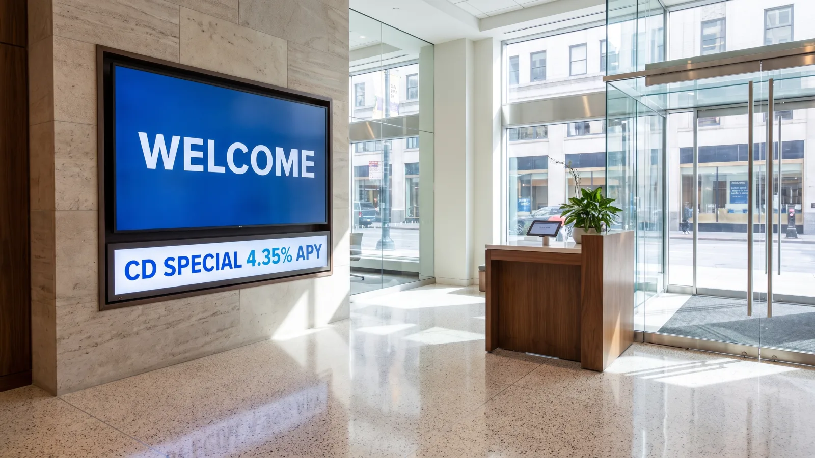 Digital signage in a bank branch lobby showing a welcome message and current CD rates