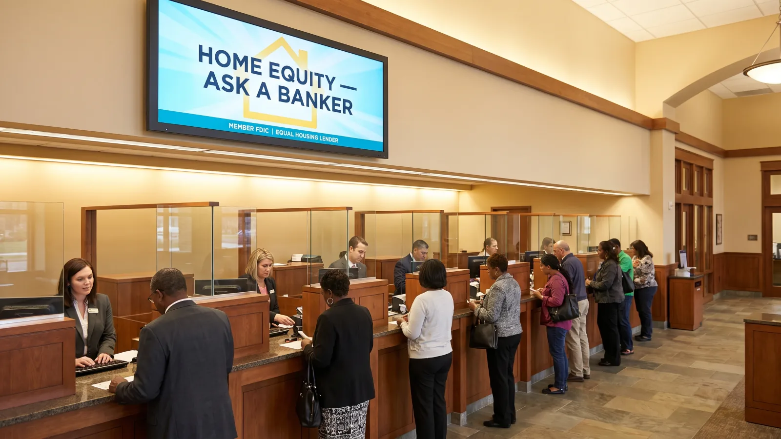 Digital signage above a bank teller line rotating a home equity promotion with a compliance disclosure strip