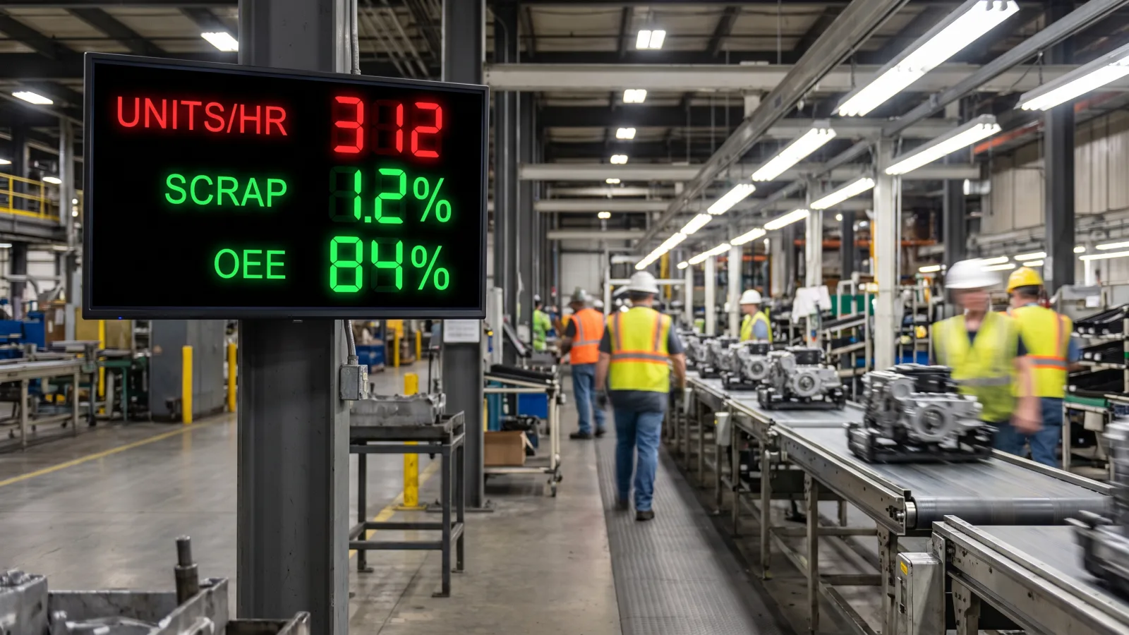 Large digital signage dashboard above a manufacturing production line showing OEE, units per hour, and line status