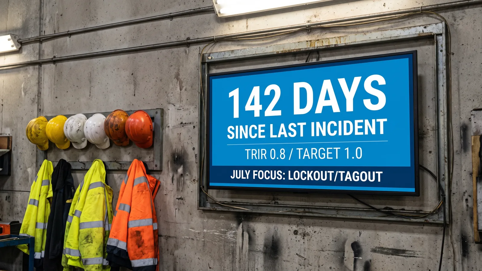 Digital safety board in a factory showing days since last incident, TRIR versus target, and this month's safety topic