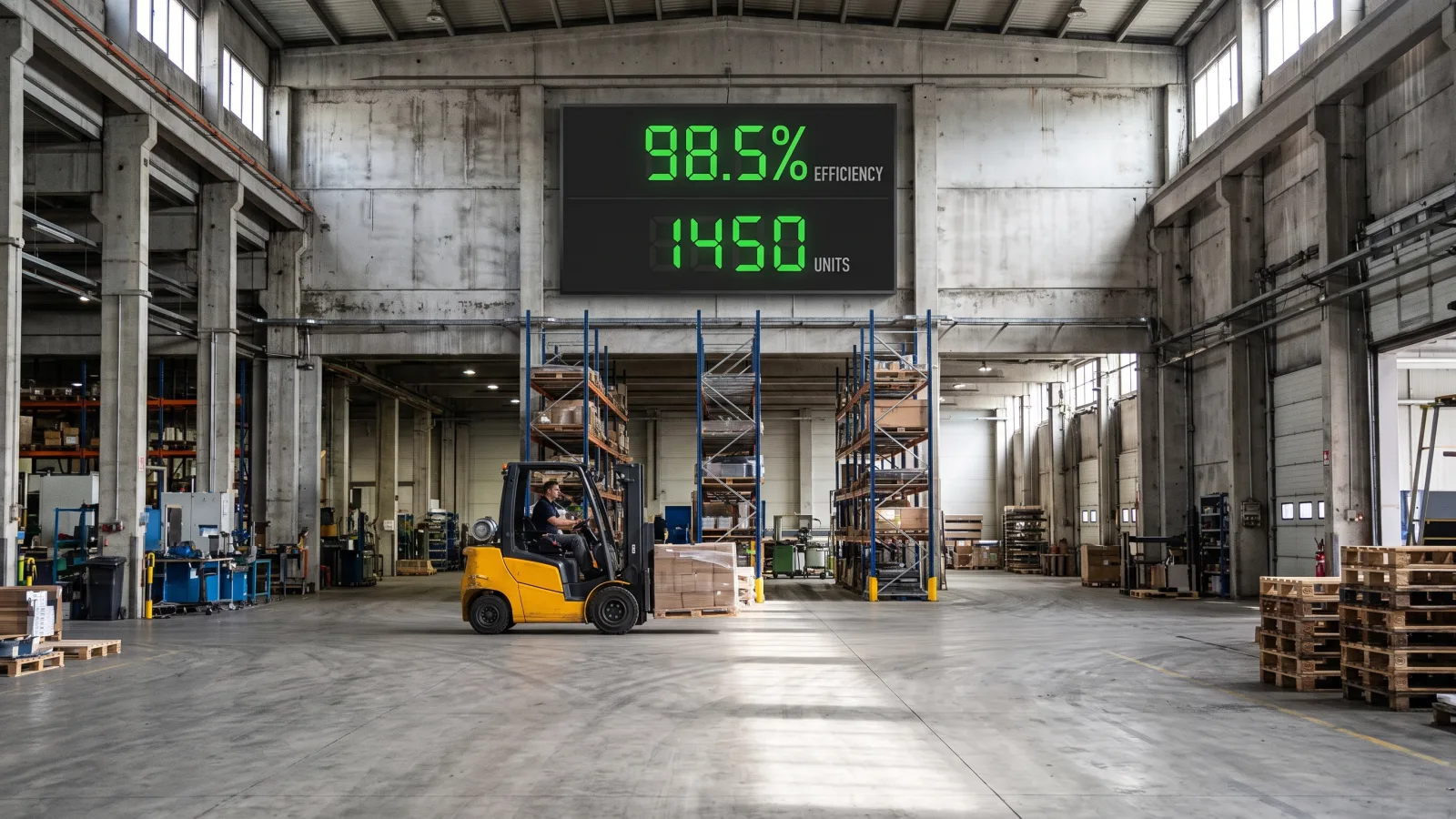 98-inch commercial display mounted high on a manufacturing plant wall, dashboard numbers readable across the production floor