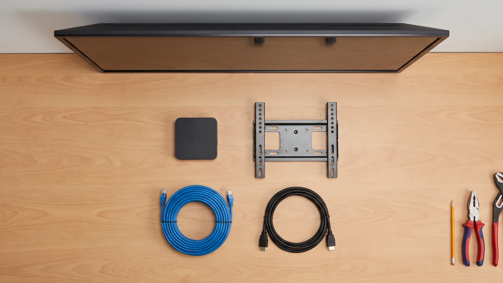 The four components of digital signage hardware laid out on an installer's workbench: commercial display, media player, commercial mount, and network cabling