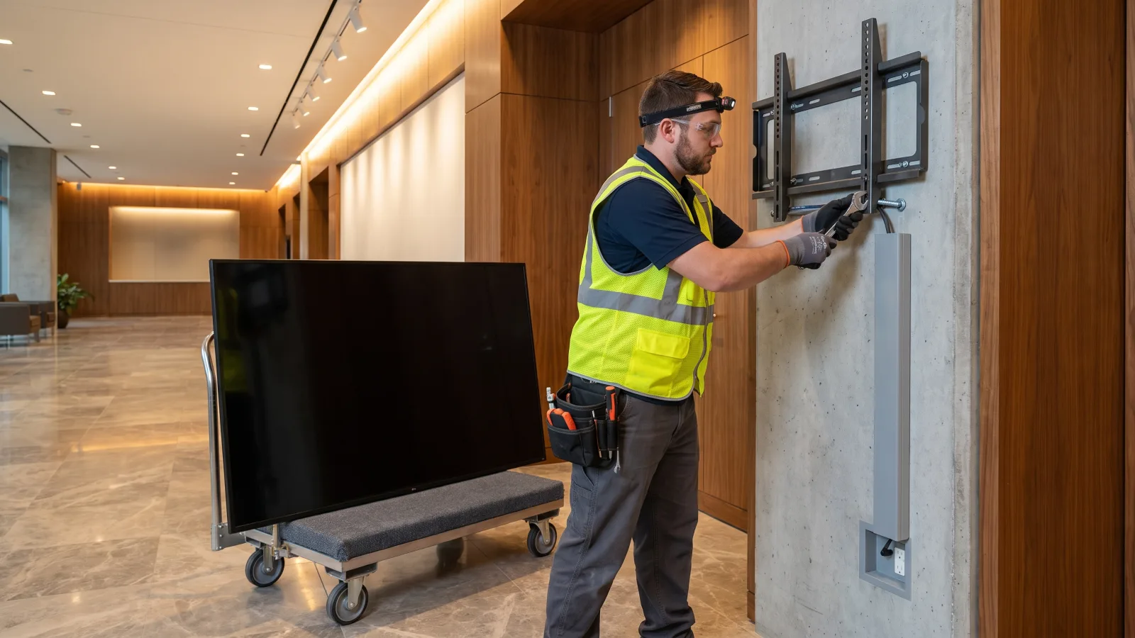 Licensed CrownTV technician mounting a Samsung commercial display on a commercial wall mount during a professional digital signage installation