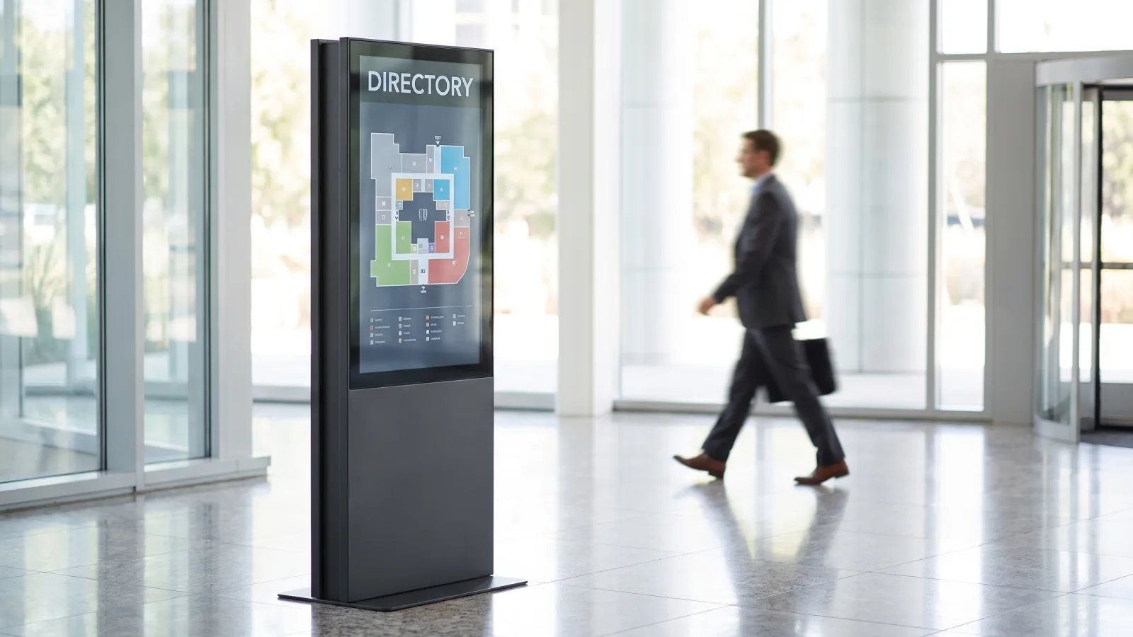 Freestanding portrait digital signage kiosk in a corporate lobby showing a building directory