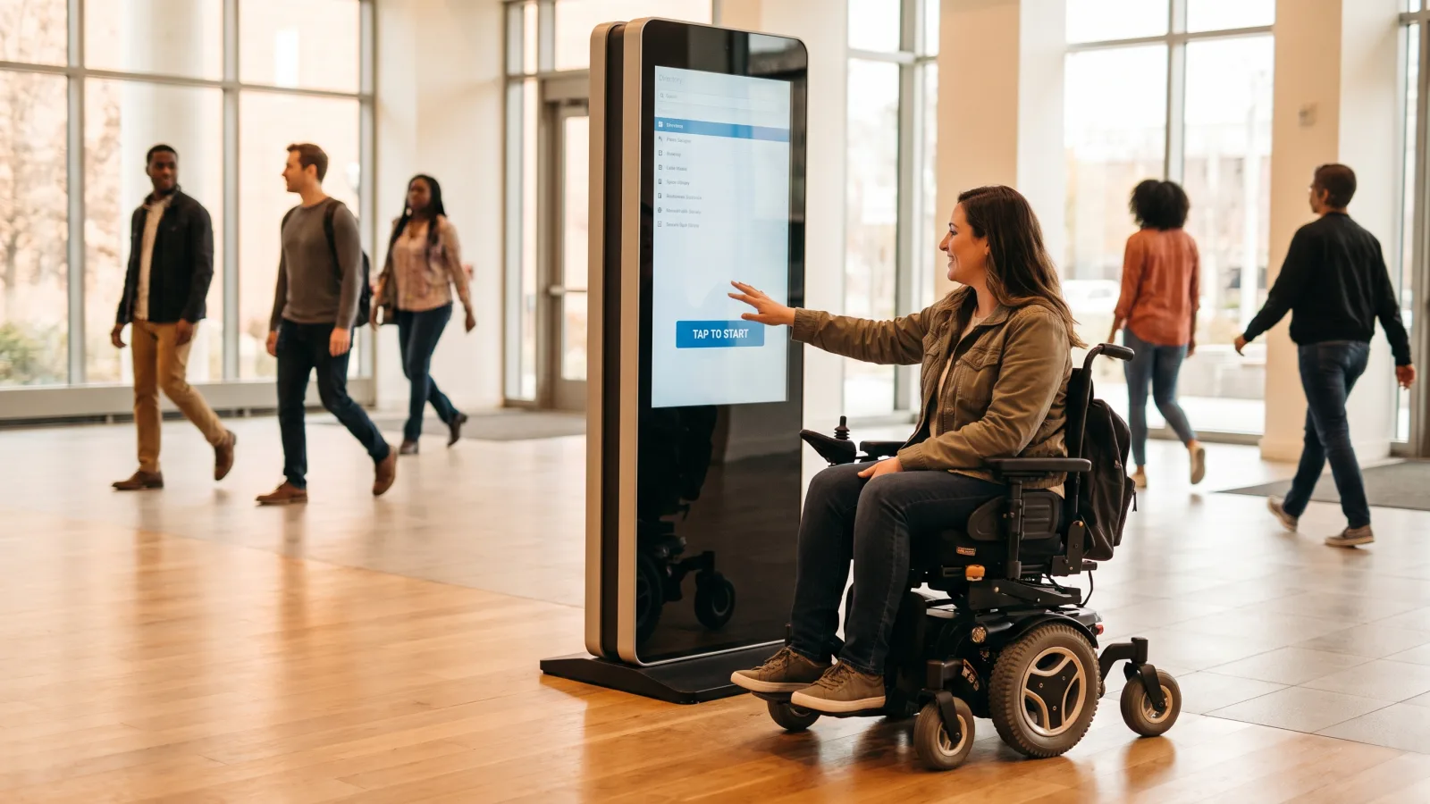 Wheelchair user operating a touch directory kiosk with controls positioned within ADA reach range