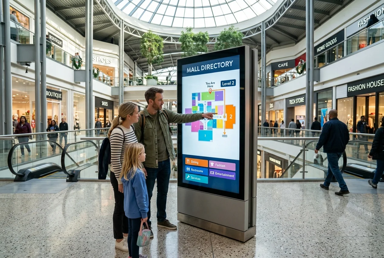 Family using a freestanding digital wayfinding totem with an interactive mall map and category buttons
