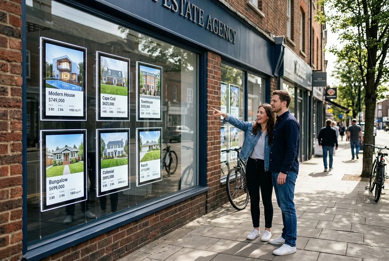 Real estate office storefront window with a grid of portrait digital screens showing property listings with prices