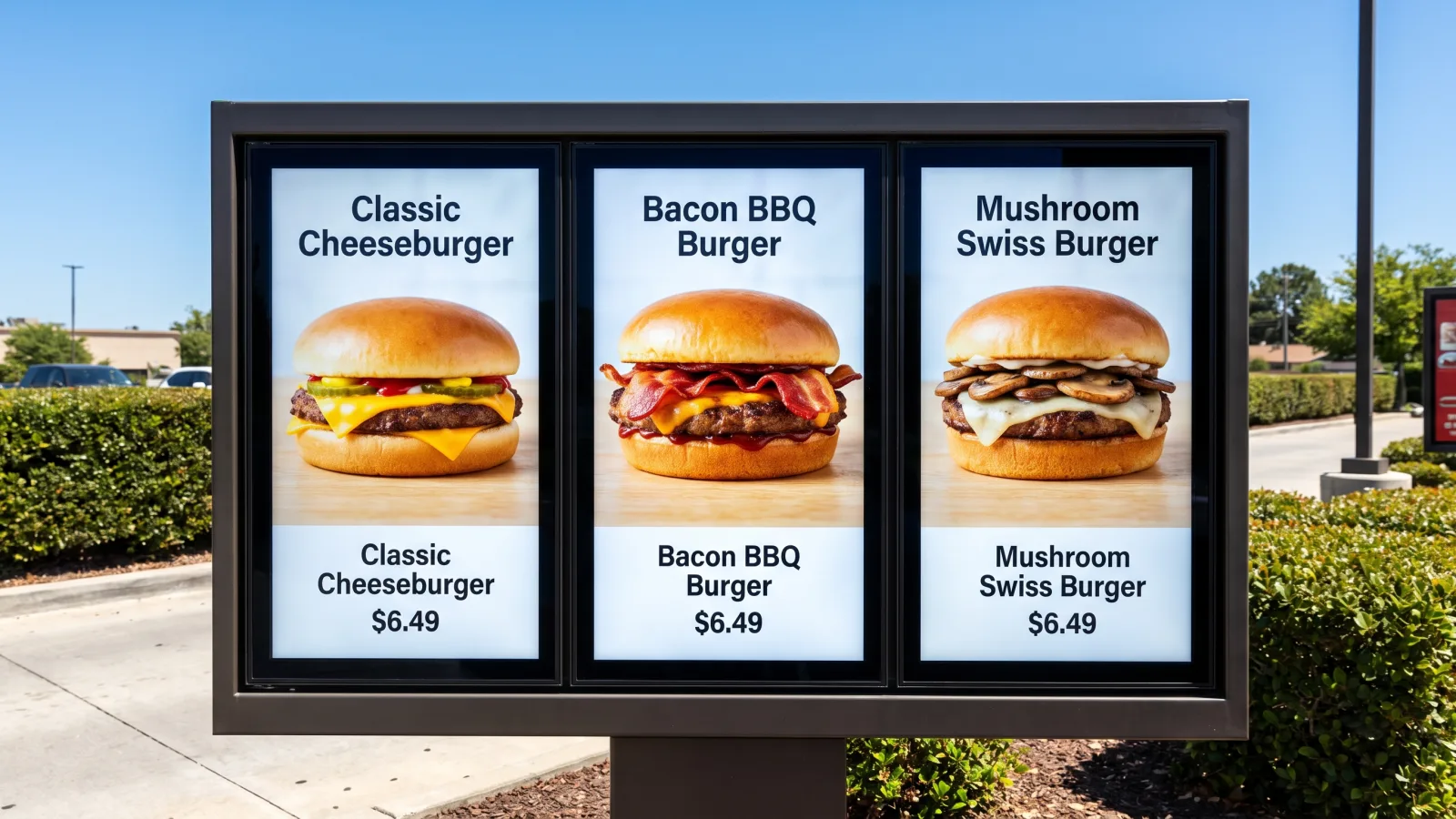Three-panel drive-thru digital menu board at a QSR order point showing a lunch menu in full sunlight
