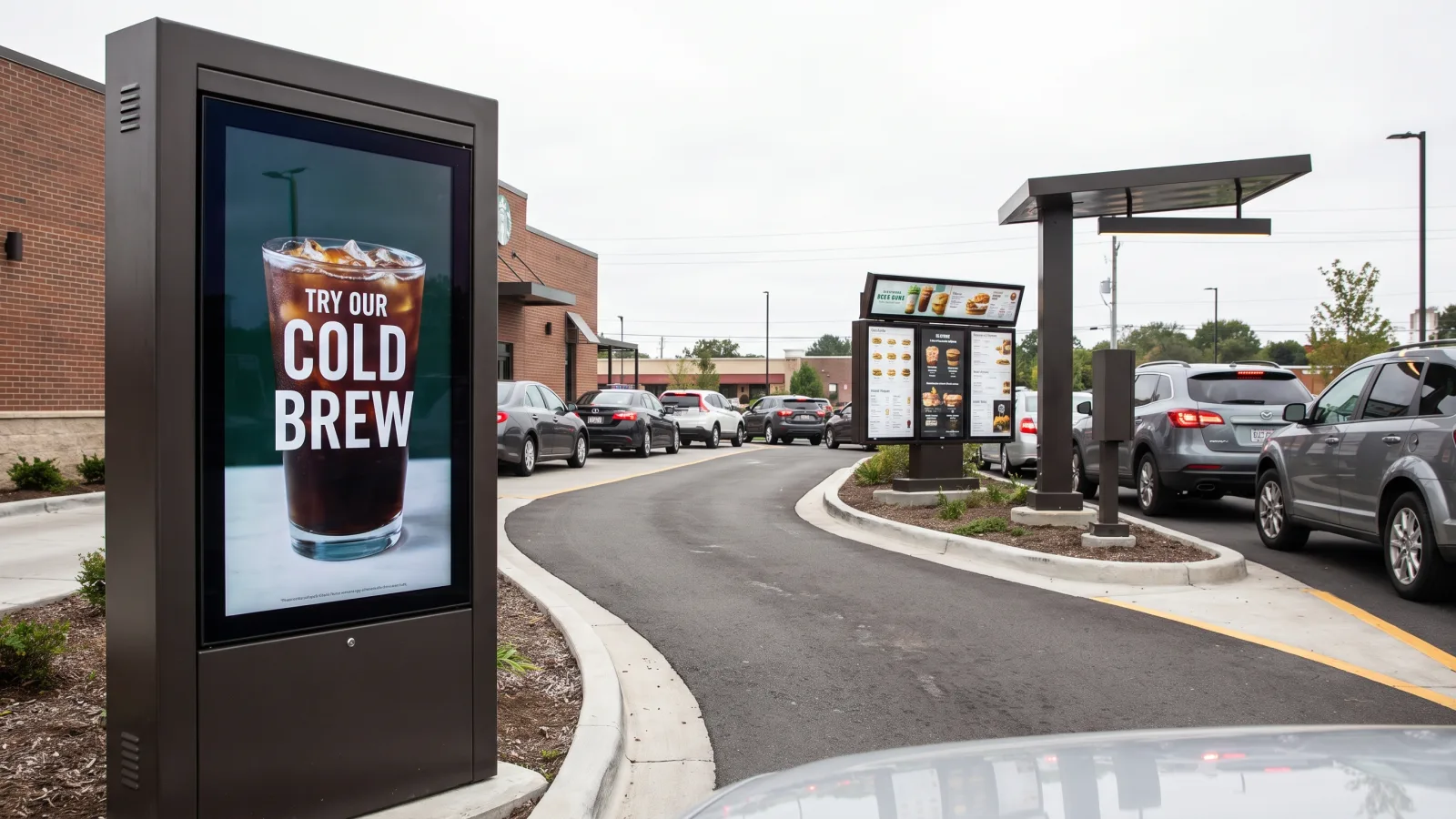 Drive-thru lane diagram positions in practice: pre-sell board upstream, main menu board and order-confirmation screen at the speaker post