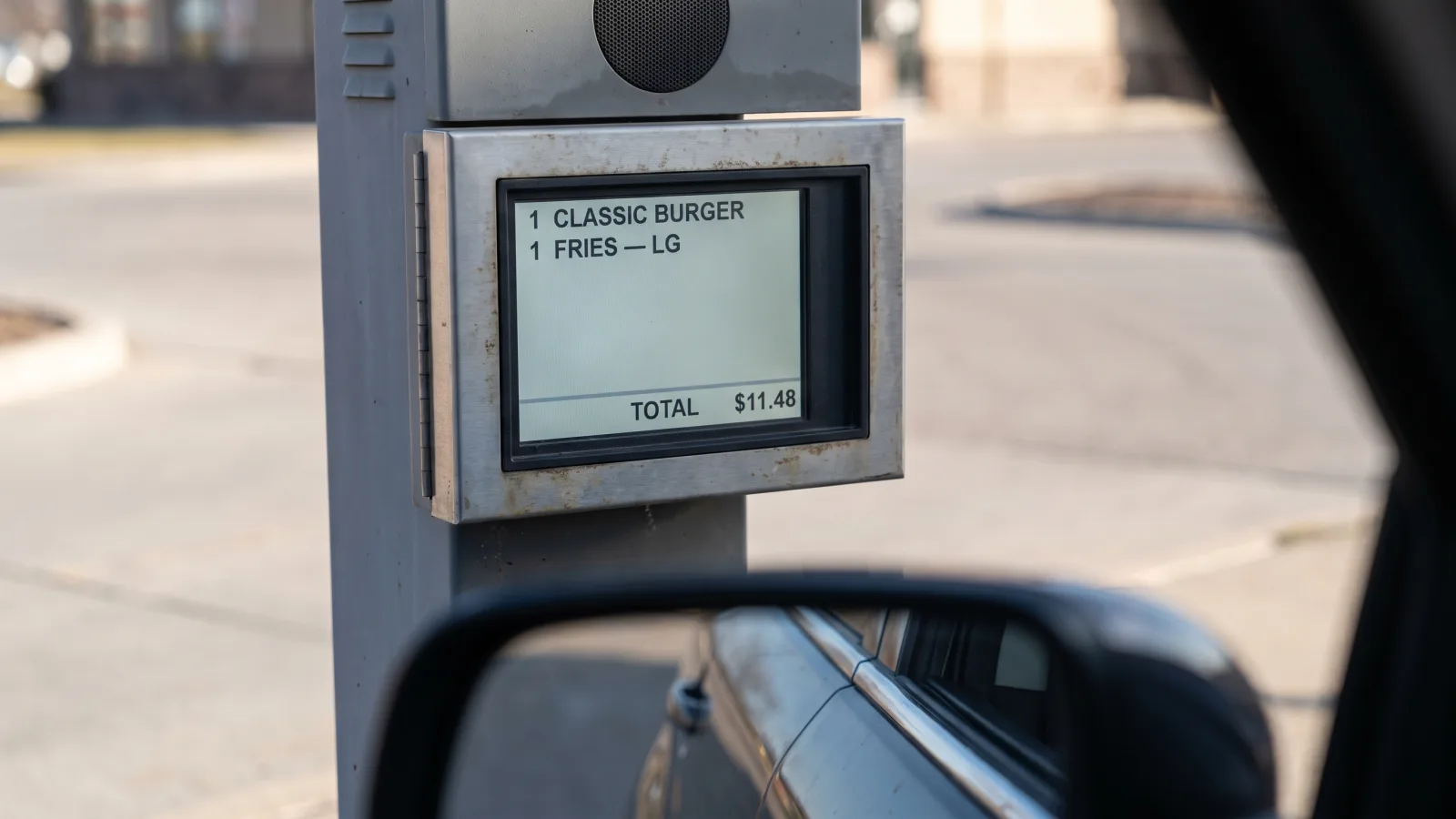 Order-confirmation display in a drive-thru lane showing a customer's order items as the crew enters them at the register