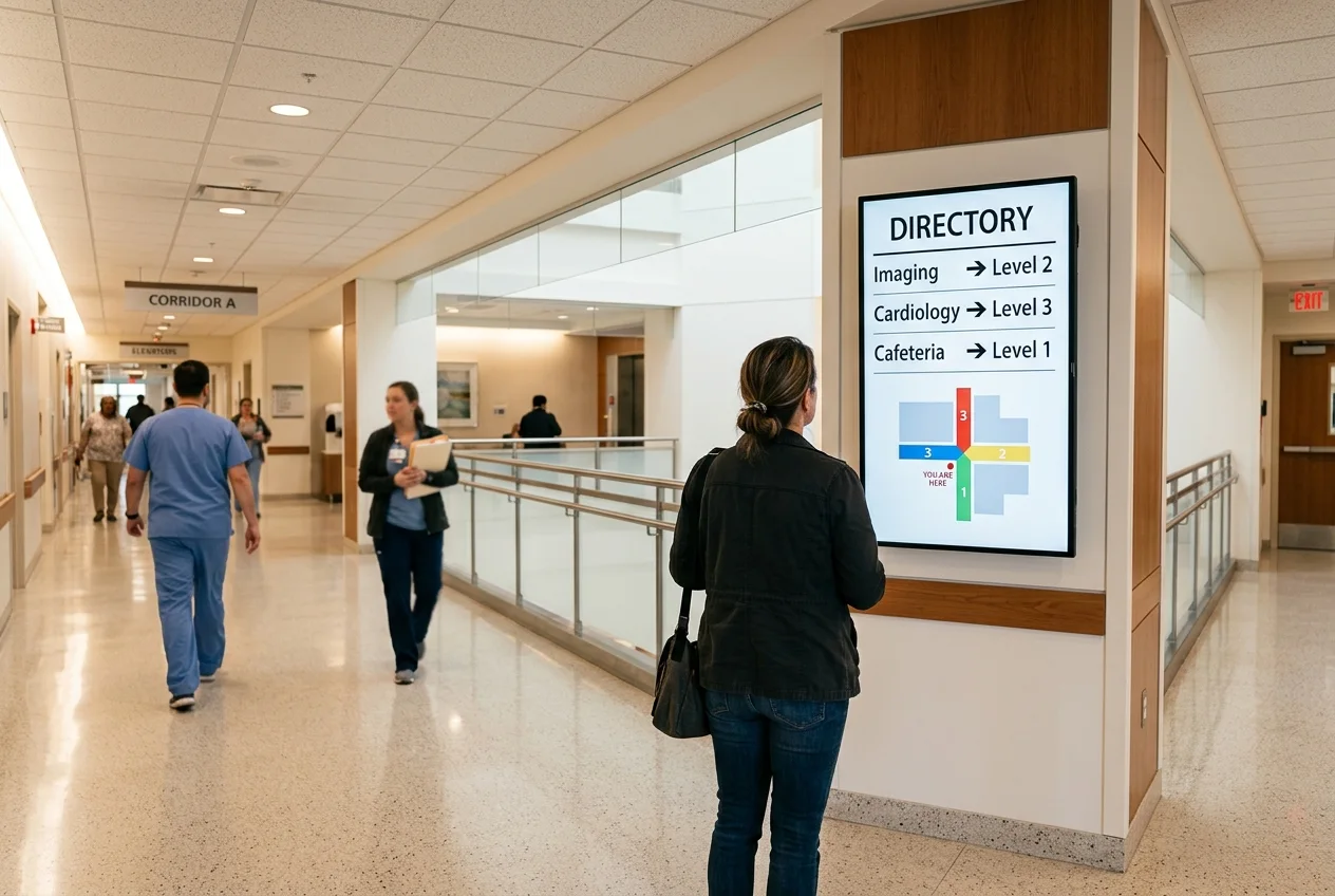 Portrait digital wayfinding directory in a hospital corridor showing department locations by level