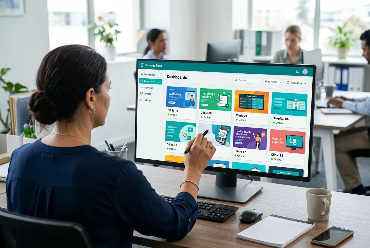Healthcare operations manager monitoring a dashboard of clinic locations with online status indicators