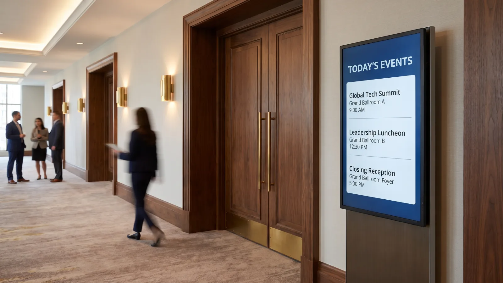 Portrait digital readerboard outside a hotel ballroom showing the day's conference schedule and room assignments