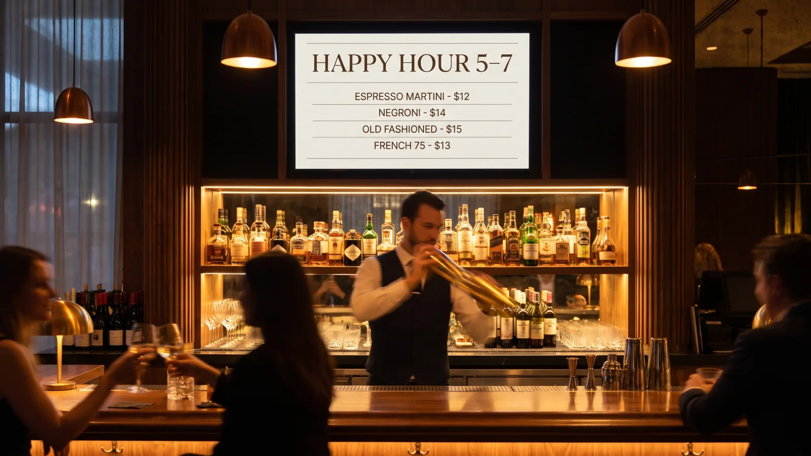 Hotel lobby bar with a digital menu board showing cocktails and happy hour pricing above the back bar