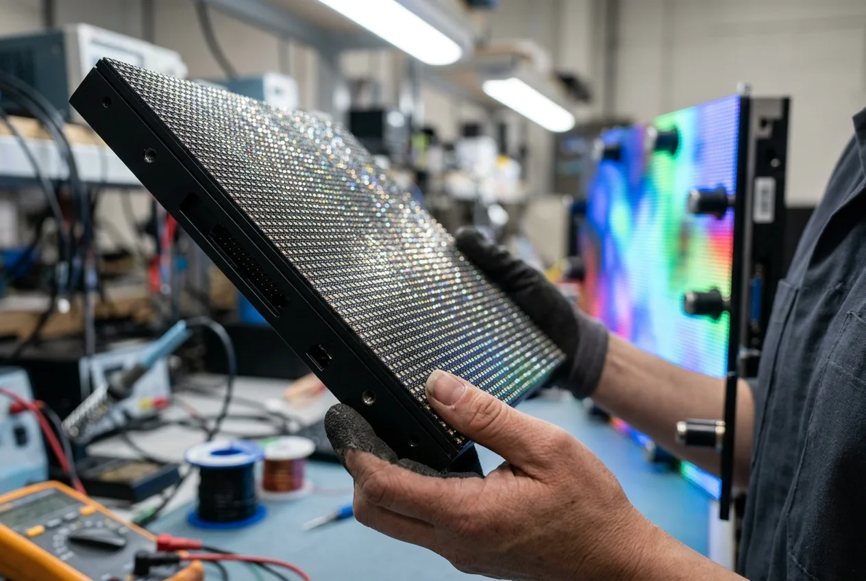 Technician's hands holding a direct-view LED panel module with the LED pixel grid visible