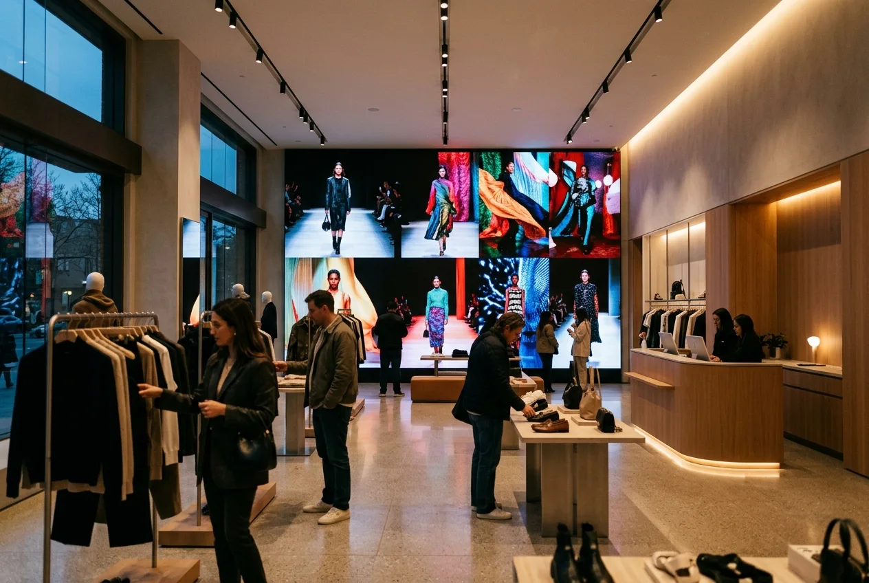 Seamless floor-to-ceiling LED video wall in a flagship retail store with shoppers in the foreground