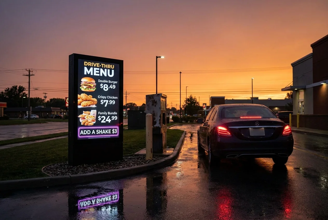 Drive-thru digital menu board at dusk showing menu items and an add-a-shake upsell banner beside a car at the speaker post