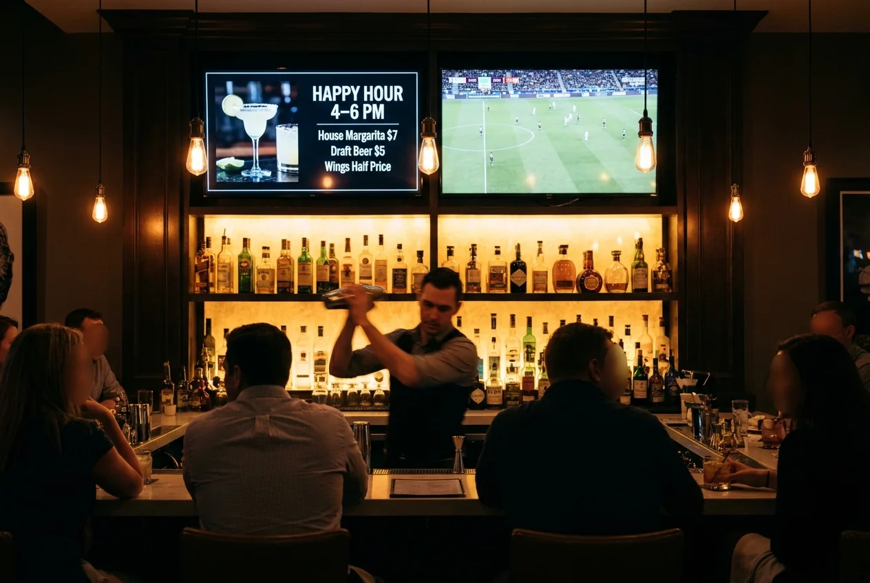 Restaurant bar with a digital happy hour menu screen next to a muted sports TV above the back bar