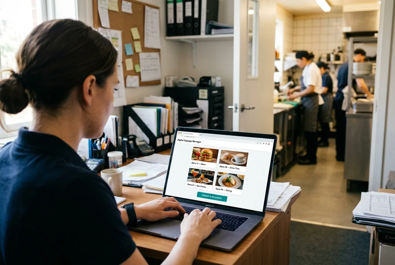Franchise operations manager publishing menu updates to multiple restaurant locations from a digital signage dashboard