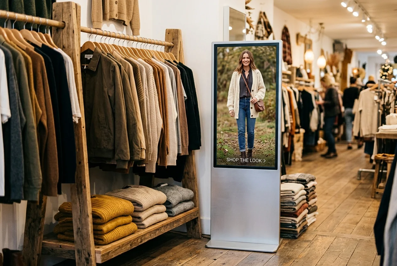 Freestanding portrait digital display beside clothing racks showing a lookbook image in an apparel store