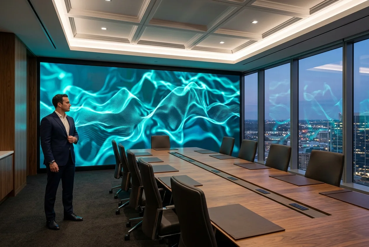 Corporate boardroom with a seamless wall-sized micro-LED display showing an abstract teal visualization