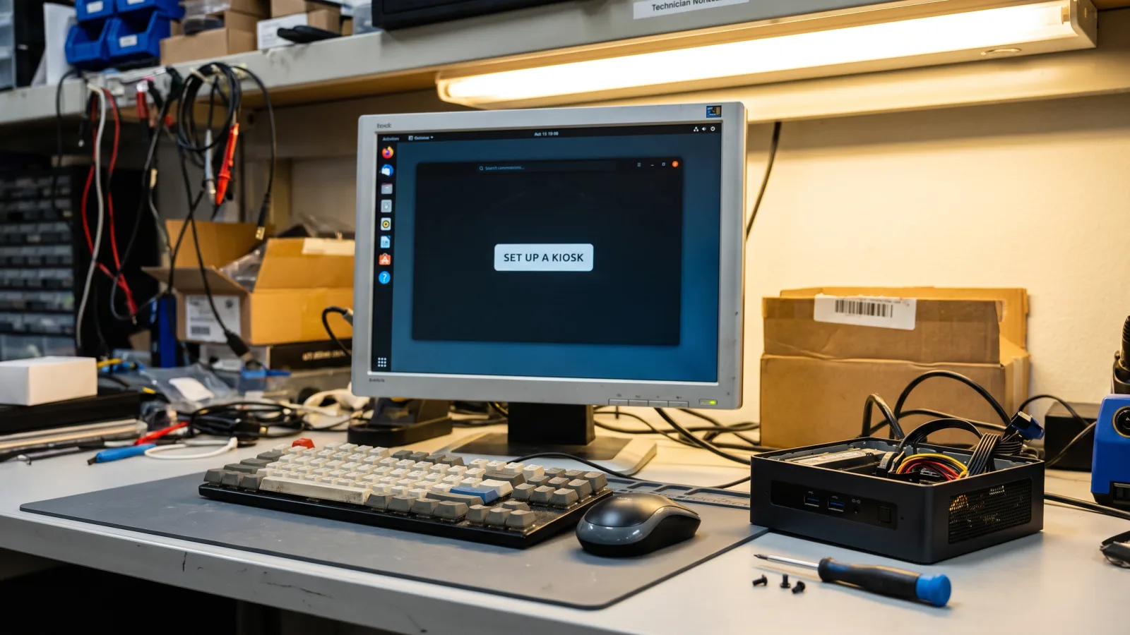Windows 11 kiosk mode setup screen configuring a single-app signage account on a technician's bench