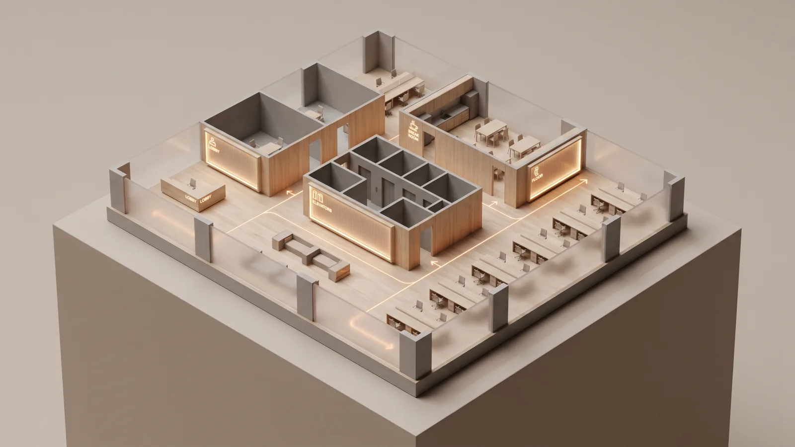 Office floor plan diagram marking digital signage placements at the lobby, elevator bank, break room, and open work floor