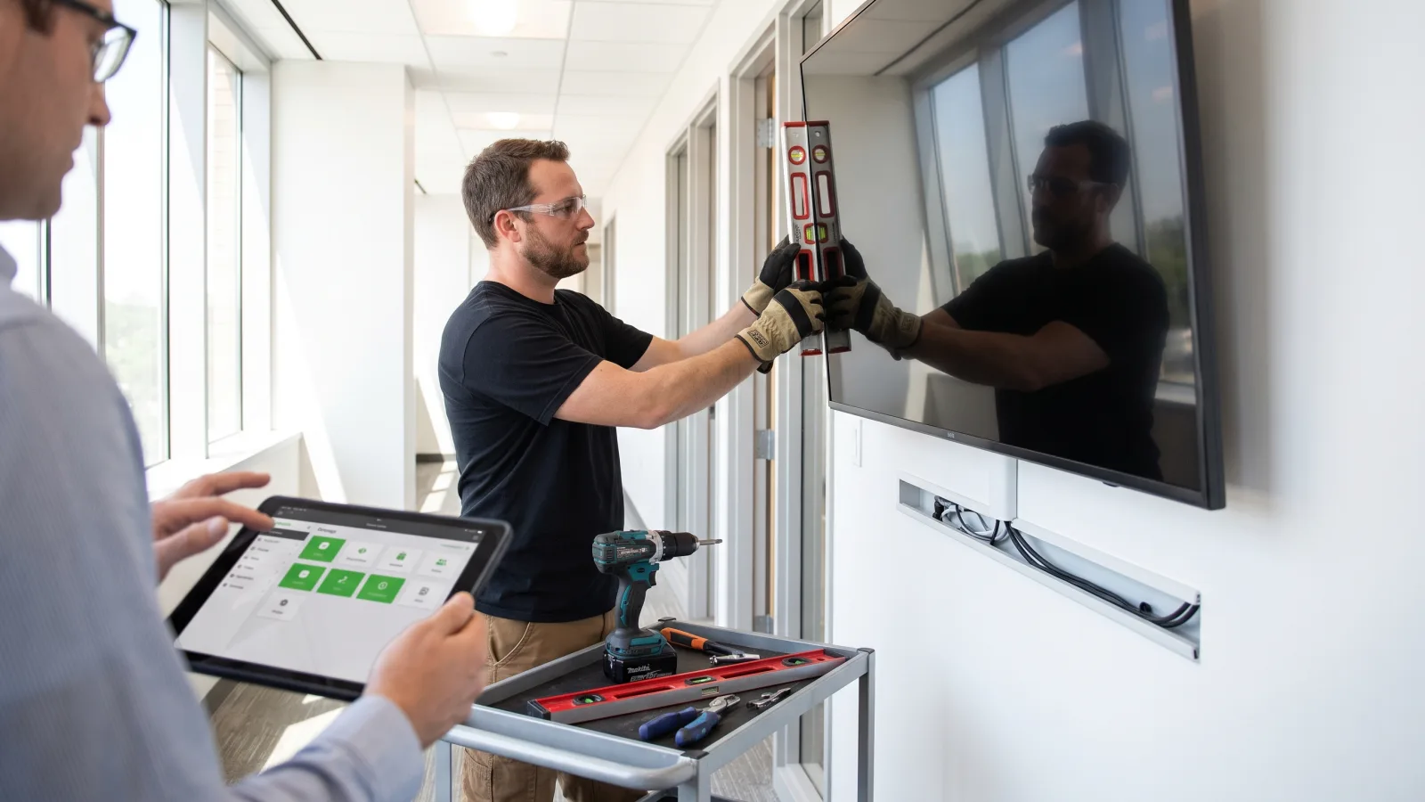 Technician performing a professional wall-mount installation of a commercial display in an office corridor