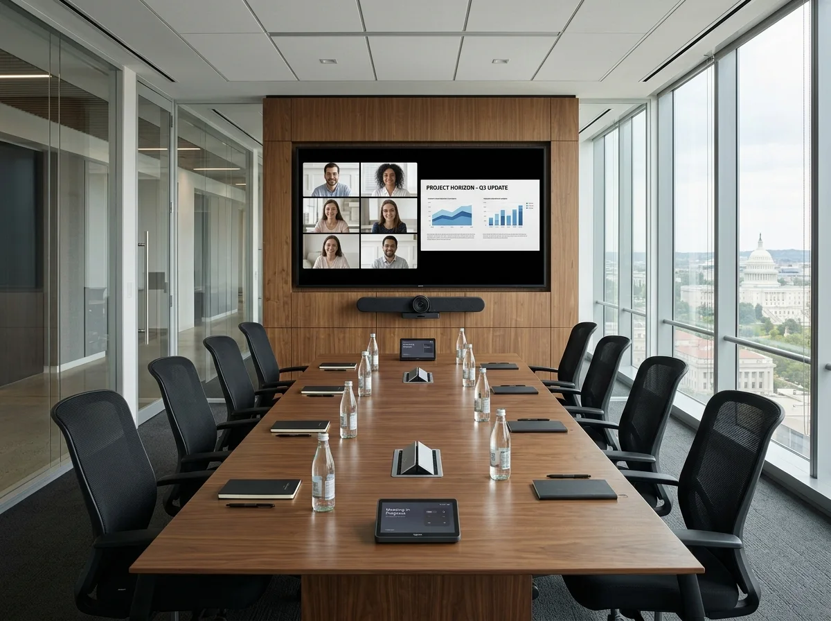 Conference room with a wall-mounted 85-inch Samsung commercial display running a video call, a Logitech Rally Bar mounted beneath it, and a touch controller on the table