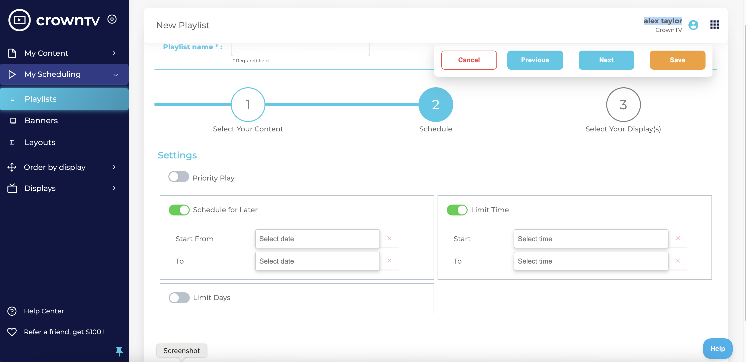 CrownTV Dashboard — apps and integrations panel