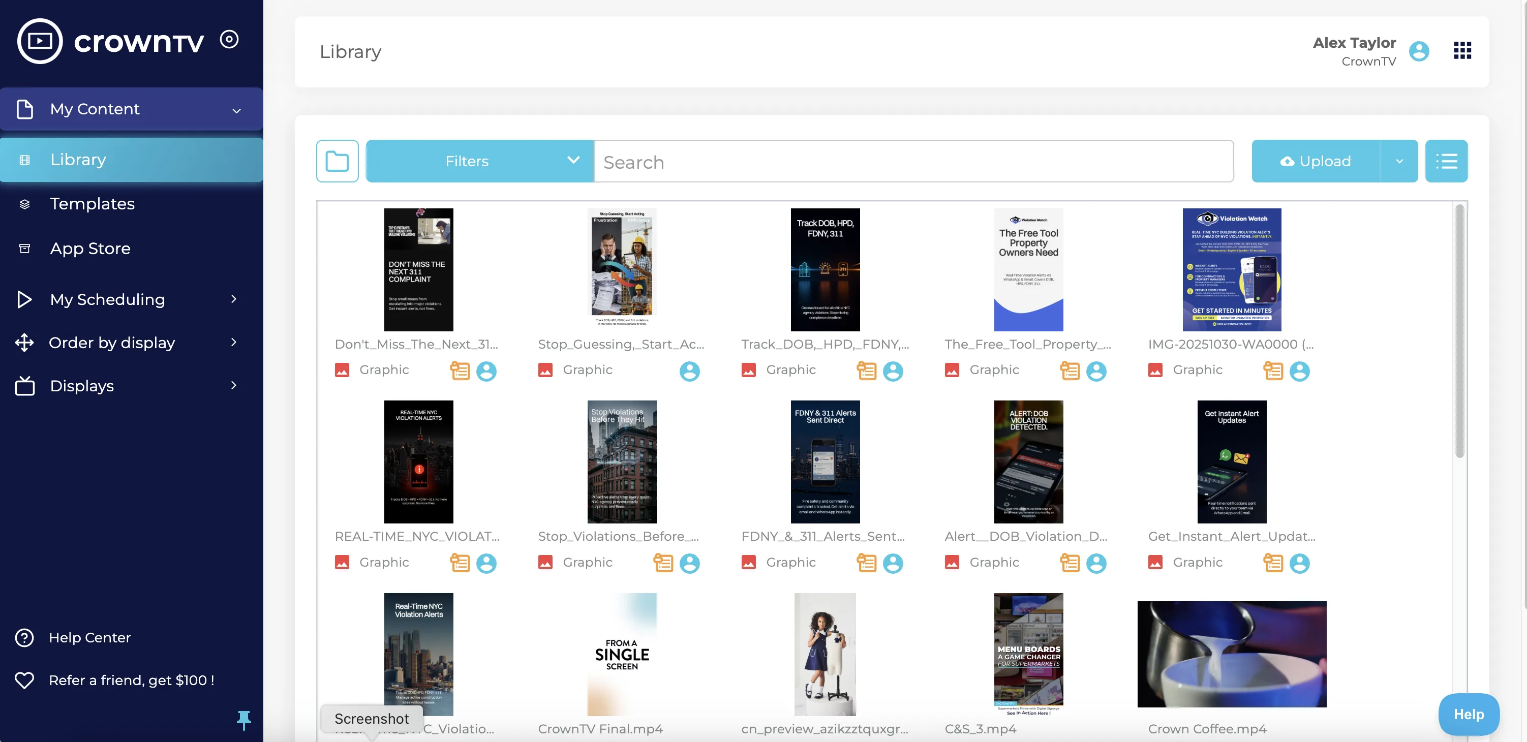 CrownTV Dashboard digital signage software — overview screen showing live status across 16,000+ screens, multi-location grouping, and today's schedule