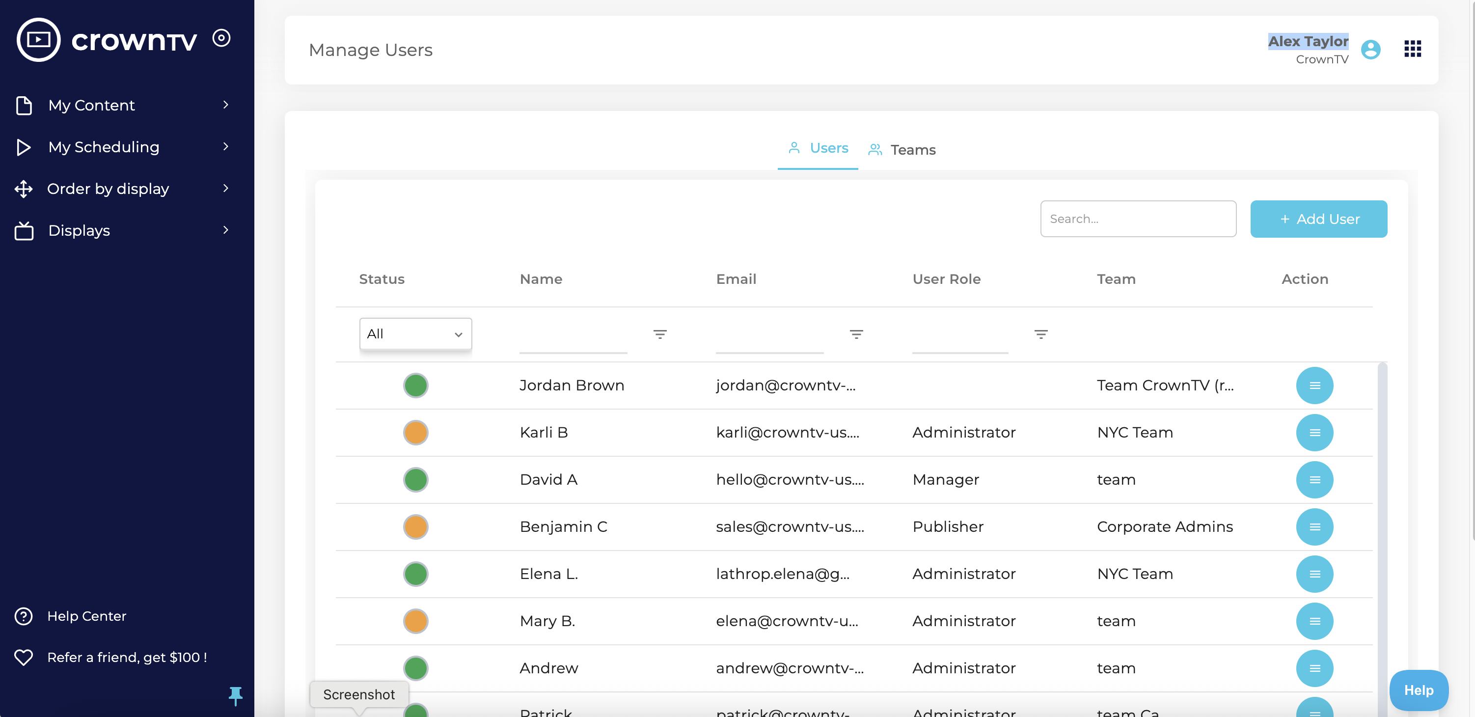 CrownTV Dashboard — playlist scheduling view with day-parting calendar
