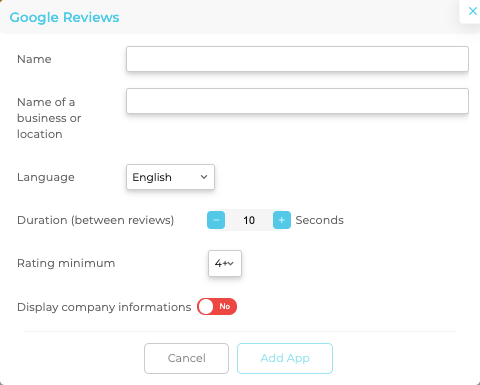 Configuration dialog — name, location, language, duration, rating minimum, display info toggle