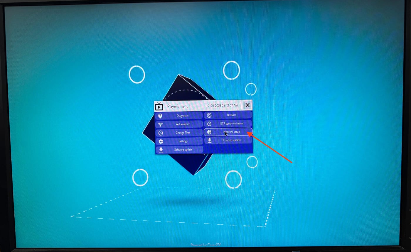 Player's menu with Network setup highlighted