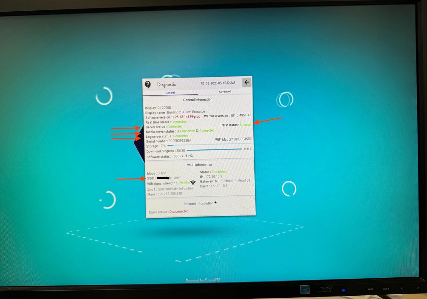Diagnostics window showing Connected status and Wi-Fi SSID