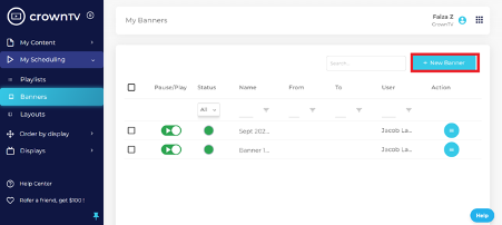 New Banner button in the top right