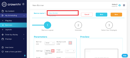 Banner parameters — size, color, logo, scroll speed, direction