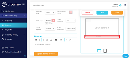 Banner preview — text scrolling at the bottom of the screen