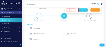 Schedule step — Priority Play, Schedule for Later, Limit Time, Limit Days