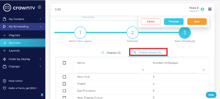 Select displays — choose individual displays or display groups