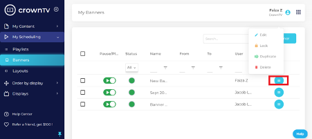 Banner action menu — Edit, Lock, Duplicate, Delete